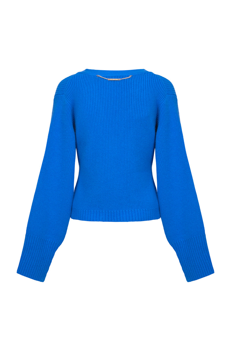 喀什米爾羊毛寬鬆針織開襟外套 - 藍色