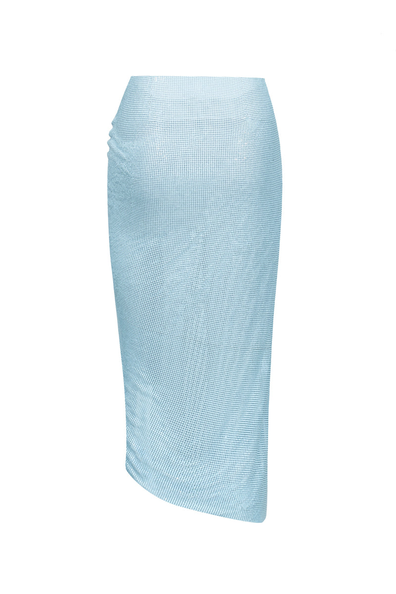 Asymmetrical Chainmail Draped Midi Skirt Laser Blue