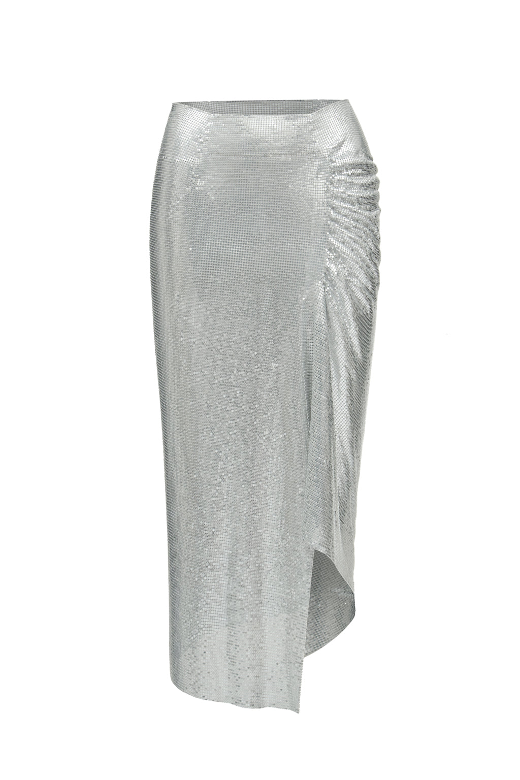 Asymmetrical Chainmail Draped Midi Skirt Silver