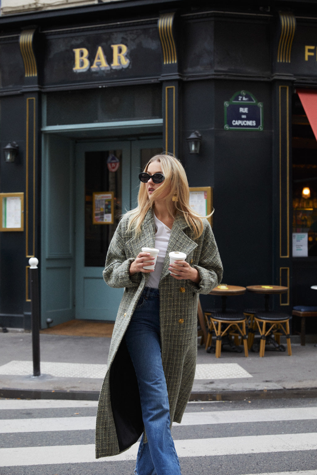 Manteau Oversize en Tweed Bouclé Métallisé à Boutons - Vert Moss