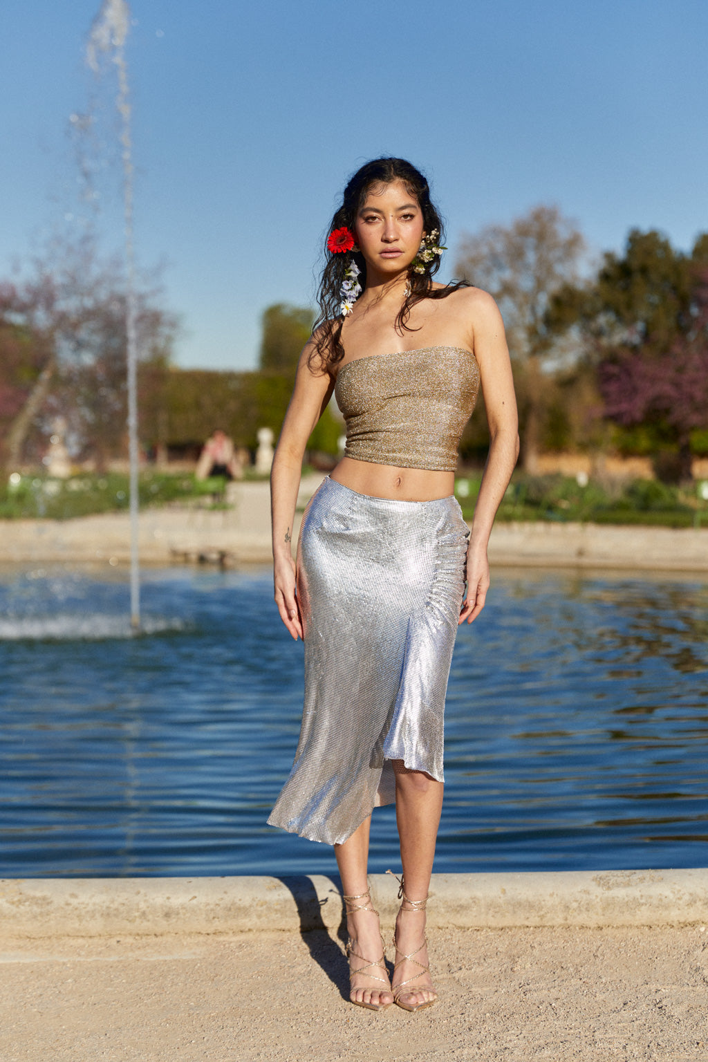 Asymmetrical Chainmail Draped Midi Skirt Silver