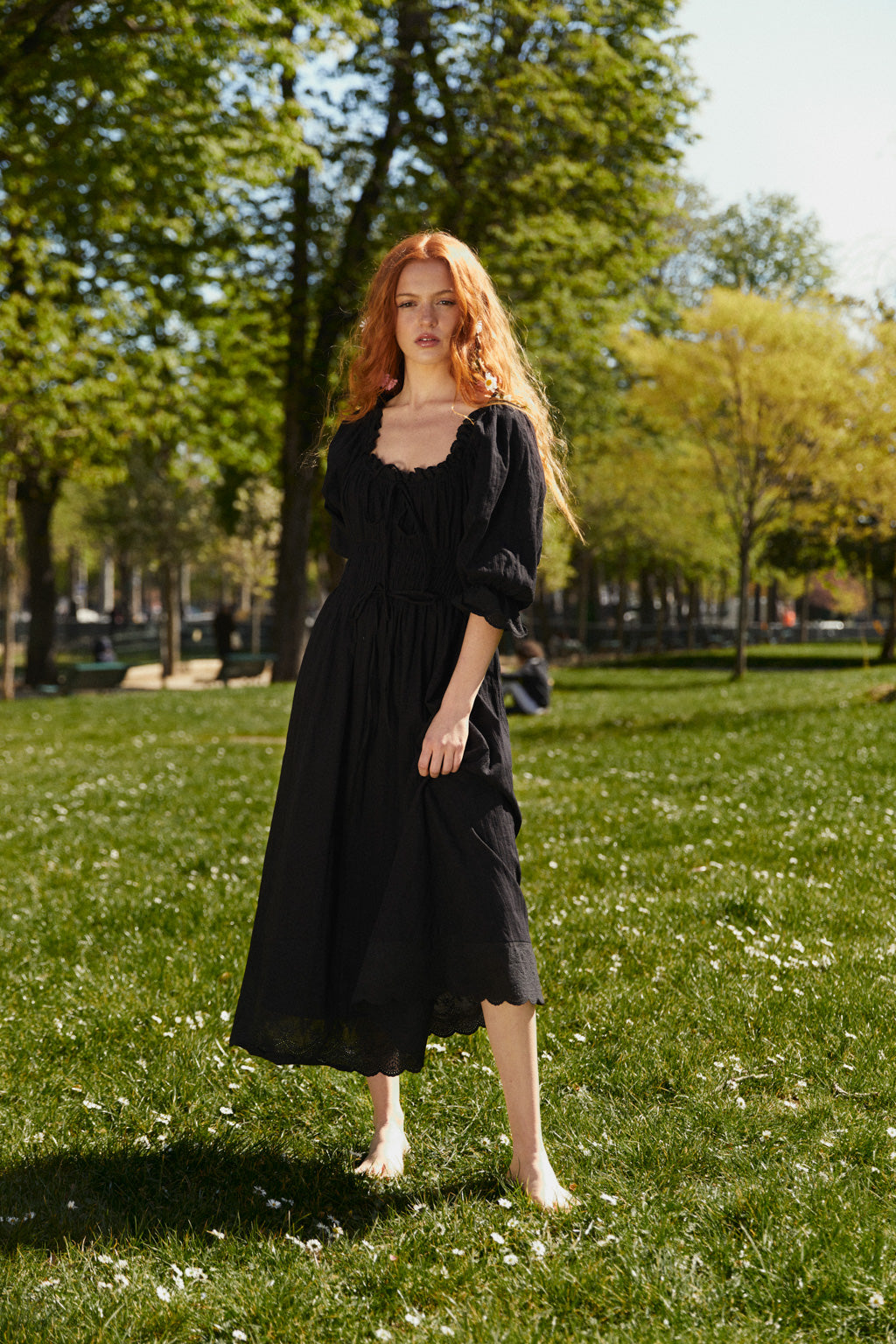 Robe Midi Smockée en Coton à Manche Bouffante - Noir